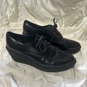 Clarks black platform lace up wedge oxfords